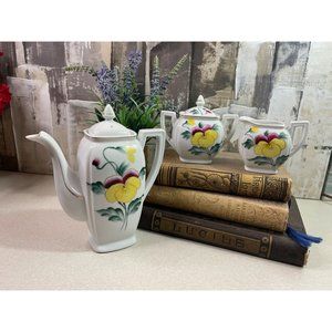 Vintage Hand Painted Bone China Individual Teapot Creamer Sugar Service Set Pans